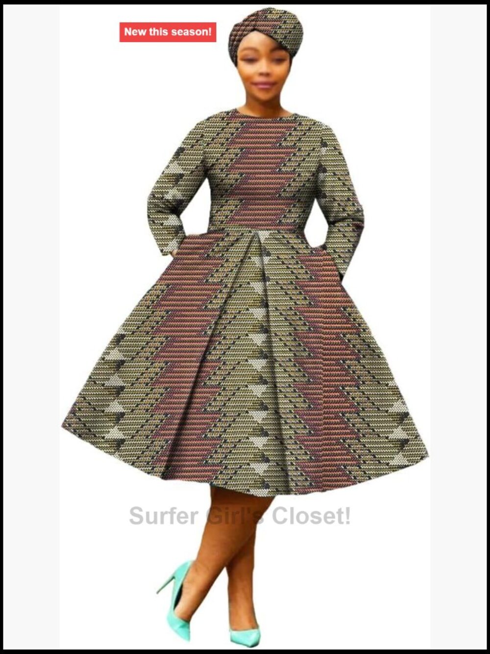 African Dashiki Dress with Headwrap Floral Fashion Vintage Long Sleeve Cotton